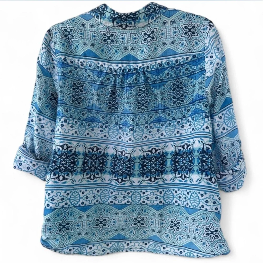 Charter Club Luxury Linen Button Down Long Sleeve Top Blue Large Petite - Picture 3 of 6